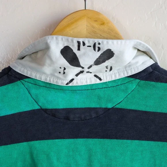 Vintage Polo Ralph Lauren RL Guide Striped Rugby Shirt Green Navy XXL Custom Fit - Picture 2 of 13